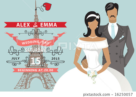 Retro Wedding invitation.Flat bride,groom,Eiffel tower 16250057