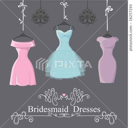 Three short bridesmaid dresses hang on ribbons 16257293