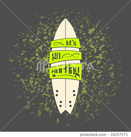 Vector surfboard in dark cartoon graffiti design on grunge background. Surfing board with text 16257571