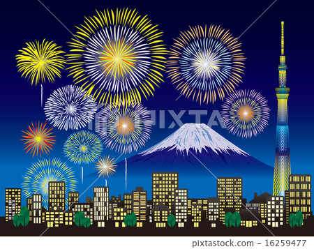 煙花和富士山和東京天空樹 16259477