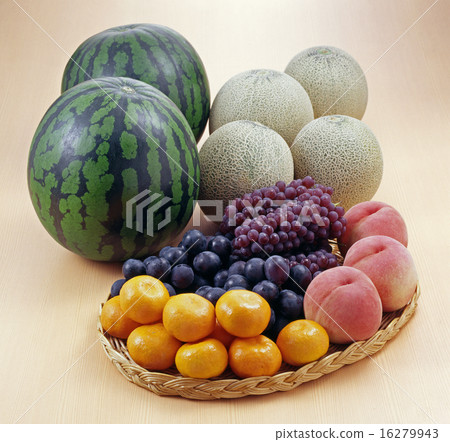Assorted fruits (oranges, peaches, grapes, melons, watermelons) 16279943