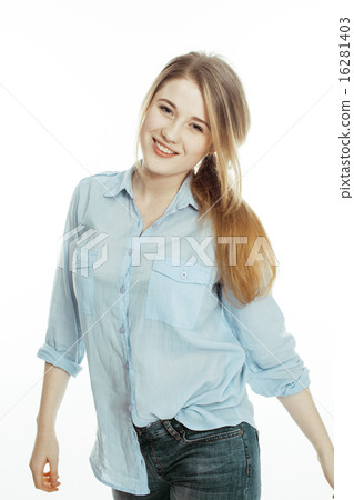 cute young woman making cheerful faces on white background cute young woman making cheerful faces on white background 16281403