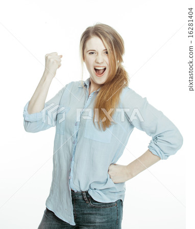 cute young woman making cheerful faces on white background cute young woman making cheerful faces on white background 16281404