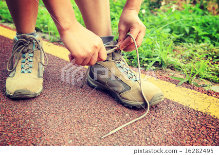 young woman hiker tying shoelaces in the nature young woman hiker tying shoelaces in the nature 16282495