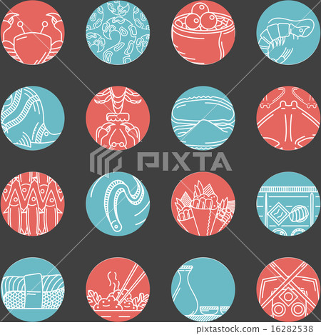Flat vector round line icons for seafood 16282538