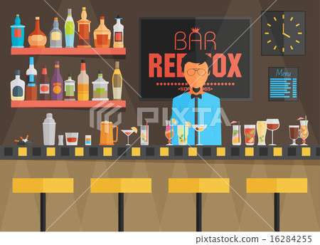 Bar counter with barman, stools and alcohol drink 16284255