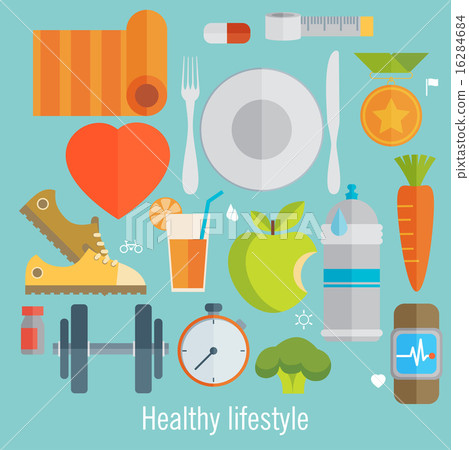 Flat illustration of icons for fitness and diet Flat illustration of icons for fitness and diet 16284684
