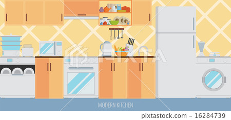kitchen interior with furniture, cooking utensils kitchen interior with furniture, cooking utensils 16284739