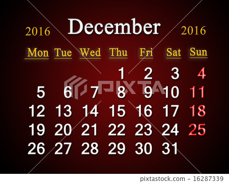 calendar of December of 2016 on claret 16287339
