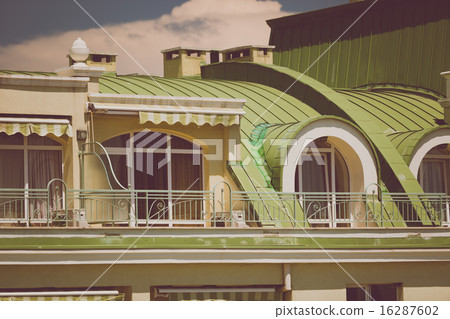 terrace under green metal roof at classic buildin terrace under green metal roof at classic buildin 16287602