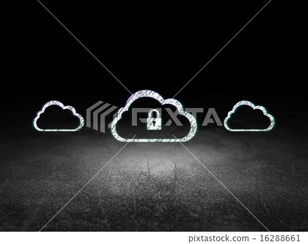 Cloud technology concept: cloud with padlock icon in grunge dark room 16288661