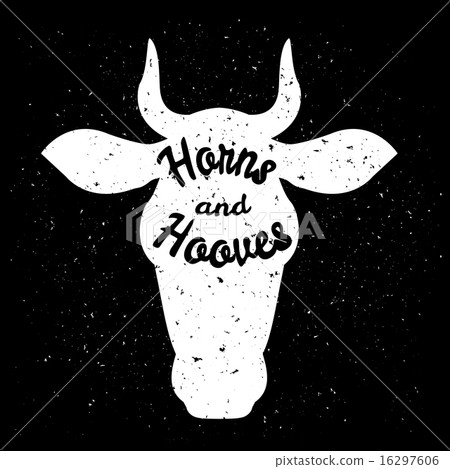 White silhouette of cow head with grunge scratched texture design and text inside. Logo or poster 16297606