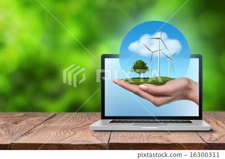 Wind turbines with tree in female hand in laptop Wind turbines with tree in female hand in laptop 16300311