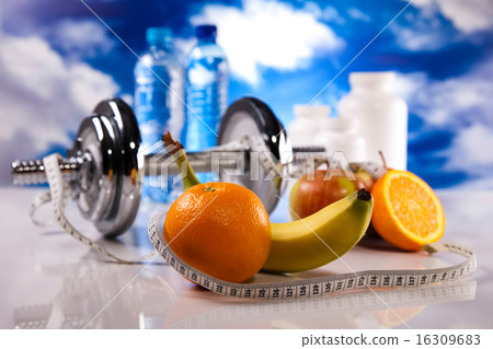 Dumbbell and green grass, bright colorful Dumbbell and green grass, bright colorful 16309683