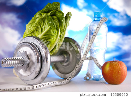Dumbbell and green grass, bright colorful Dumbbell and green grass, bright colorful 16309930