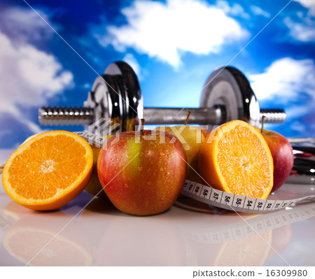 Dumbbell and green grass, bright colorful  16309980