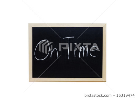 On Time written with white chalk on blackboard. 16319474
