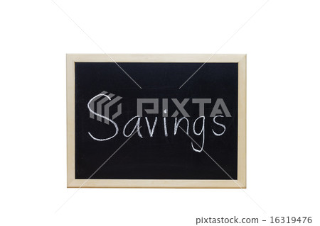 Savings written with white chalk on blackboard. Savings written with white chalk on blackboard. 16319476