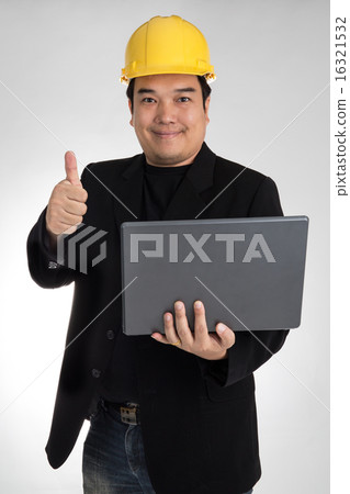 Portrait of asian smiling holding laptop with safety helmet 16321532