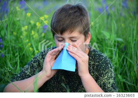 teen boy with allergies in flowering herbs teen boy with allergies in flowering herbs 16323603