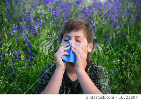 teen boy with allergies in flowering herbs 16323607