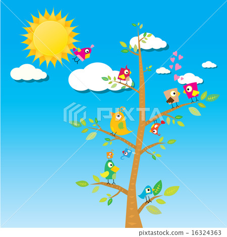 birds on branch. cartoon summer illustration. 16324363