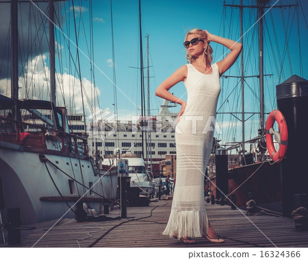 Stylish wealthy woman on a wooden pier 16324366