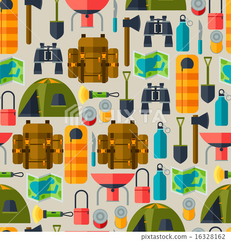 Tourist seamless pattern with camping equipment... - Stock Illustration ...