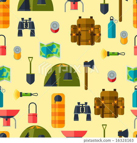 Tourist seamless pattern with camping equipment... - Stock Illustration ...