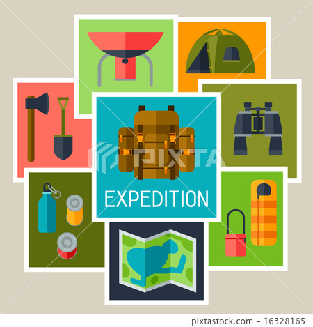 Tourist background with camping equipment in flat style Tourist background with camping equipment in flat style 16328165