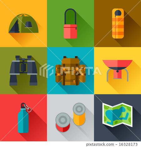 Tourist set of camping equipment icons in flat... - Stock Illustration ...