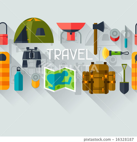 Tourist seamless pattern with camping equipment in flat style Tourist seamless pattern with camping equipment in flat style 16328187