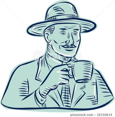 Man Fedora Hat Drinking Coffee Etching 16330614