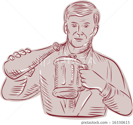 Man Pouring Beer Mug Etching 16330615