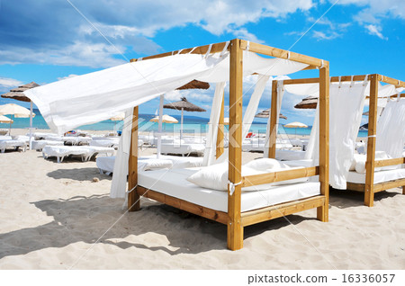beds and loungers in a beach club in Ibiza, Spain 16336057
