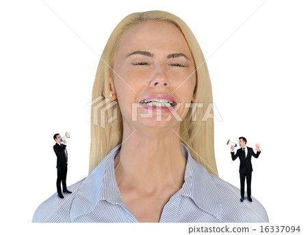 Little business man screaming on stressed woman Little business man screaming on stressed woman 16337094