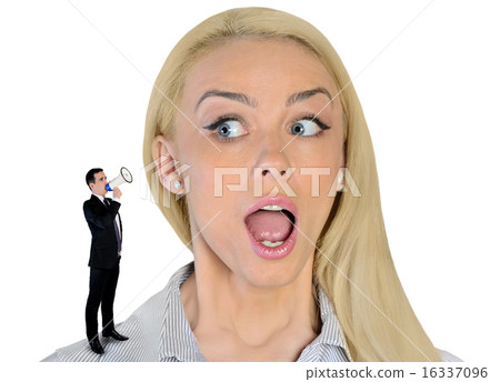 Business woman looking surprised on little man Business woman looking surprised on little man 16337096
