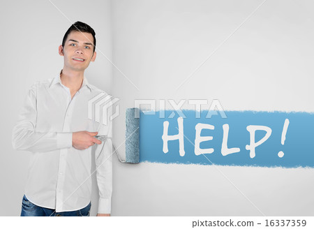 Man painting Help word on wall 16337359