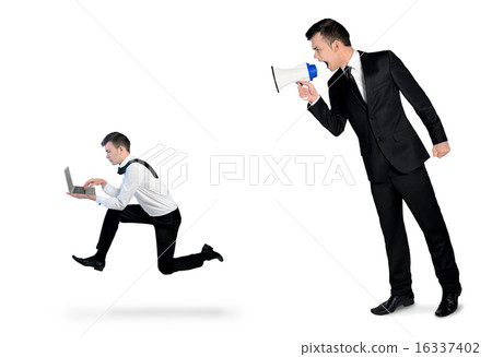 Business man screaming on megaphone Business man screaming on megaphone 16337402