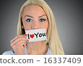 Woman holding card with I love you word 16337409