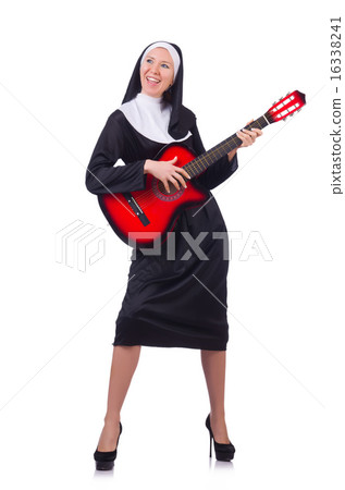 Nun playing guitar isolated on white 16338241