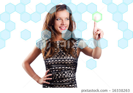 Woman pressing virtual buttons on white Woman pressing virtual buttons on white 16338263
