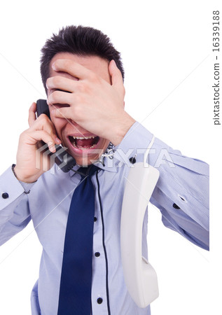 Crazy man with phone on white 16339188