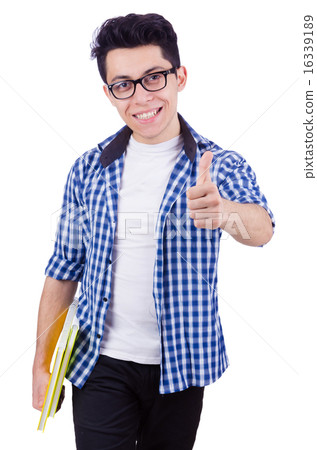 Student with lots of books on white Student with lots of books on white 16339189