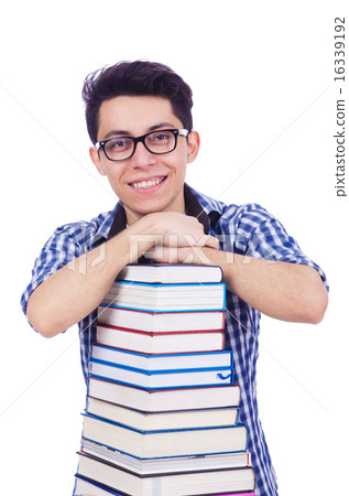 Student with lots of books on white Student with lots of books on white 16339192