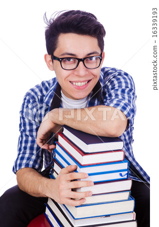 Student with lots of books on white Student with lots of books on white 16339193