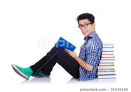 Student with lots of books on white Student with lots of books on white 16339194
