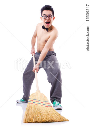 Funny man with broom on white Funny man with broom on white 16339247