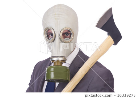 Businessman wearing gas mask isolated on white Businessman wearing gas mask isolated on white 16339273