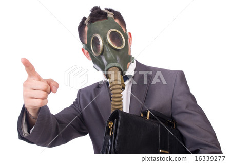 Businessman wearing gas mask isolated on white Businessman wearing gas mask isolated on white 16339277